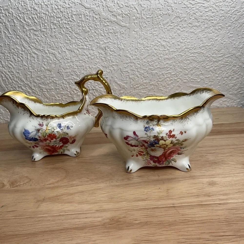 VTG Hammersley Lady Patricia Gold Signed FHoward Creamer Milk Jug Sugar Bowl Set